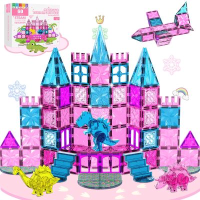 UREC 60PCS Dinosaur Toys Magnetic Tiles for Girls, Magnetic Building Blocks Sensory Dino Toy for Girl Ages 3-5 4-8 Year Old, Girl Toys Dinosaur Decorations Birthday Gifts for 3+ Years Old Kids Boys