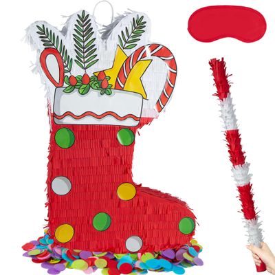 PCFING 21.6 Inch Christmas Stocking Piata with 30 Inch Piata Stick Blindfold Confetti for Boy Girl Adults Xmas Party Game Decorations