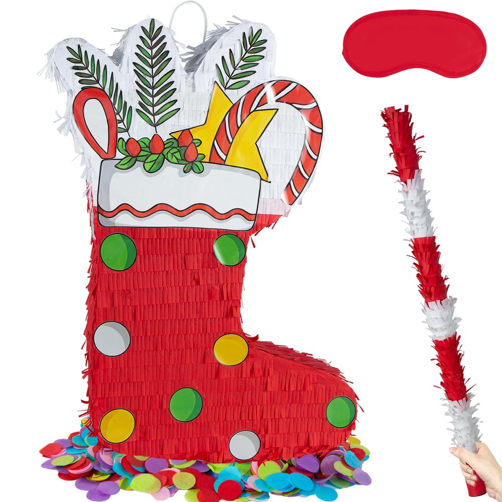 PCFING 21.6 Inch Christmas Stocking Piata with 30 Inch Piata Stick Blindfold Confetti for Boy Girl Adults Xmas Party Game Decorations