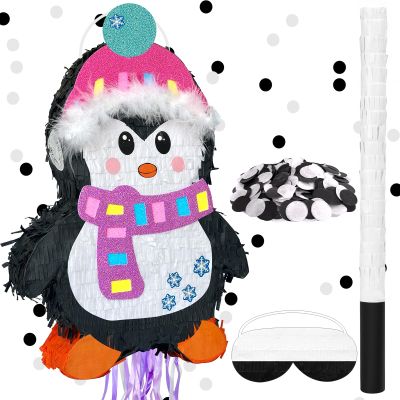 16.9 Inch Penguin Piata Winter Penguin Birthday Party Favor Supplies with Stick Snowflake Confetti and Blindfold Gift for Winter Theme Party Holiday Celebration