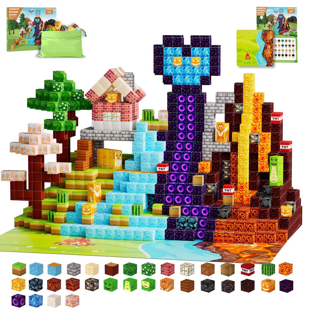 Belveora 200PCS Magnetic Blocks, Magnetic Building Blocks with Dinosaur World, STEM Magnetic Cubes for Kids Ages 3-5 4-8 8-12, Educational Magnet Toys for Boys Girls Christmas/Birthday Gift(with Mat)