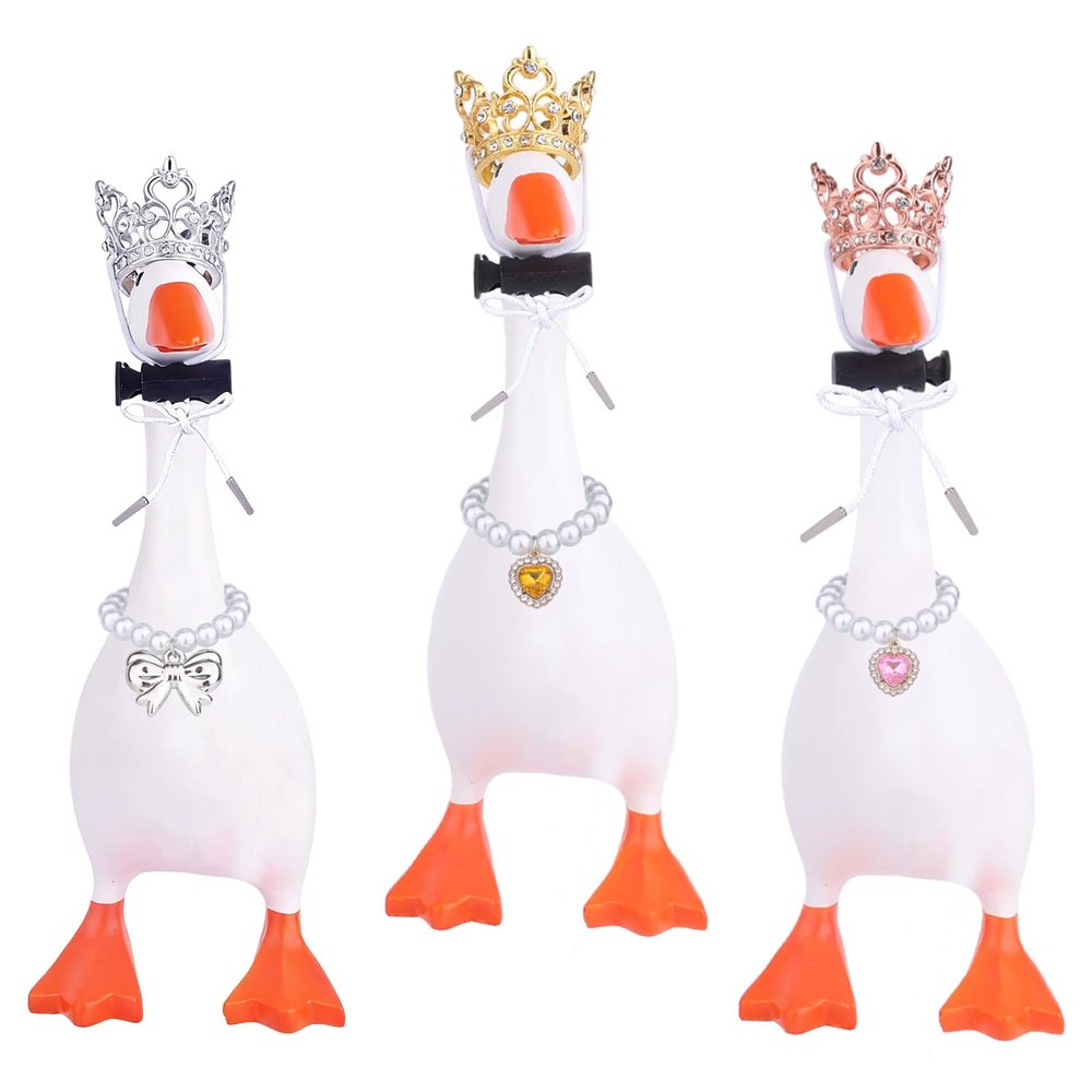 Sinbana 3 Set 7in/18cm Desk Goose Outfits, Including Pearl Necklace & Crystal Crown with Adjustment Rope for Personalized Goose Sculpture Decoration
