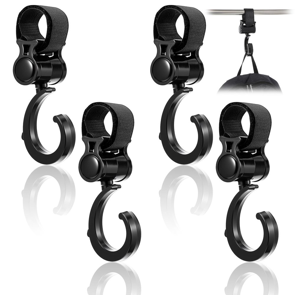 4 PCS Stroller Hooks for Bags, Walker Hook Hanging, 360 Rotation Stroller Bag Hook Accessories for Walker, Shopping Cart, Car Back Seat (Black)