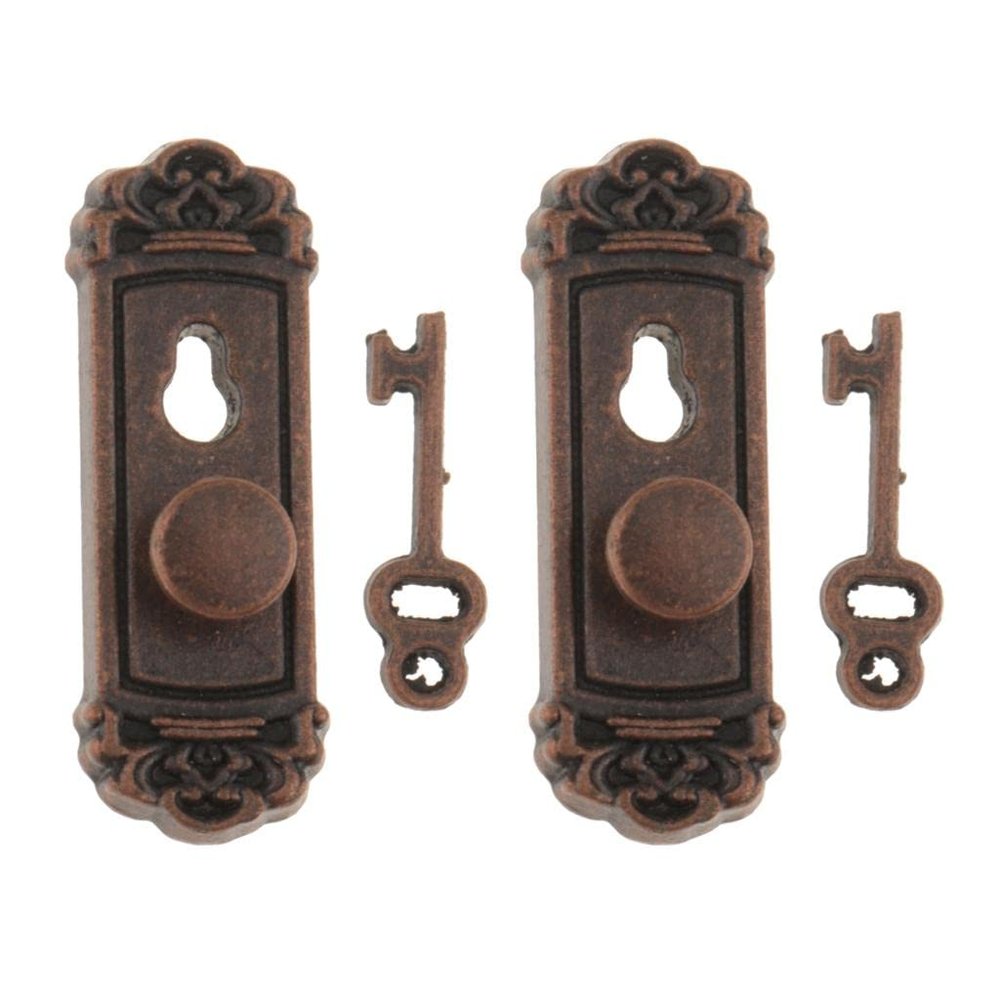 1/12 Scale Dollhouse Miniature Door Knob Handle Key Set 2 Pieces Bronze Metal Fittings