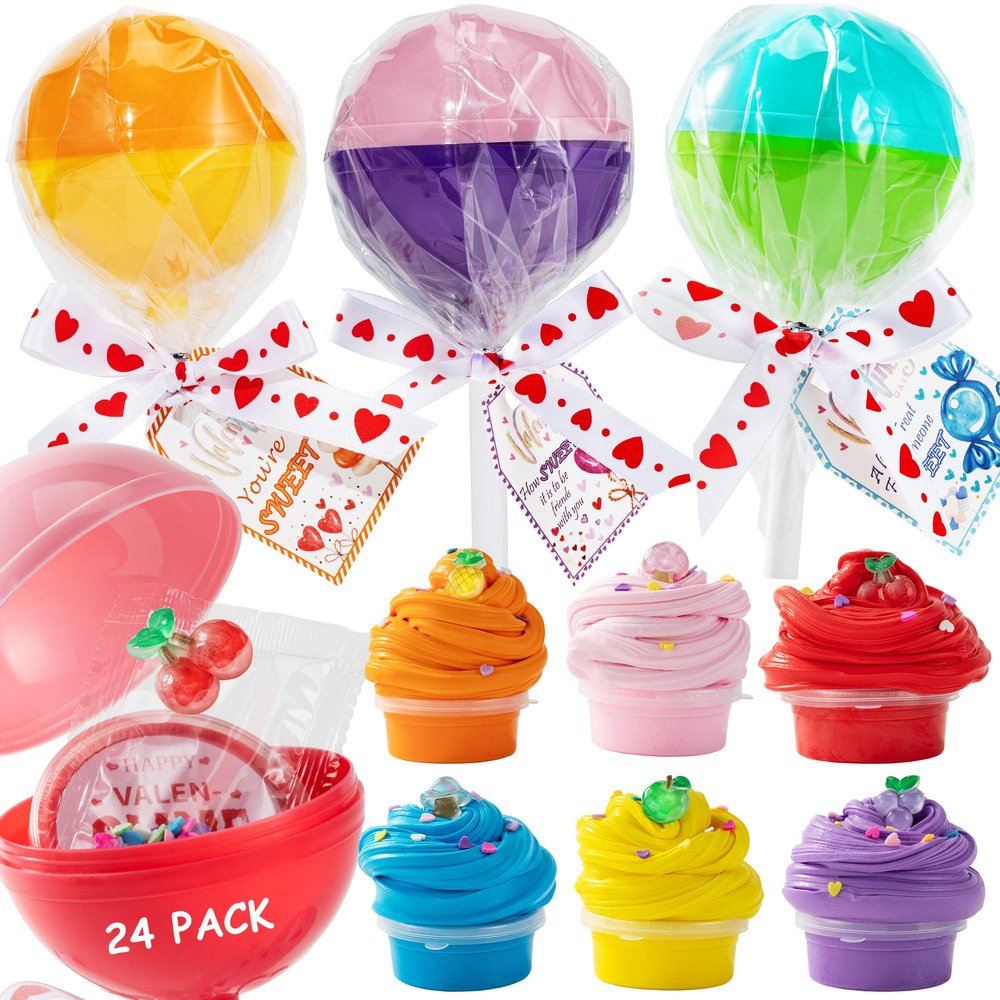 24pcs Easter Basket Stuffers for Kids,Valentines Day Gifts for Kids Classroom-Lollipop-Shaped Slime with Cards,Valentines Day Cards for Kids School Classroom,Slime kit for Girls Boys