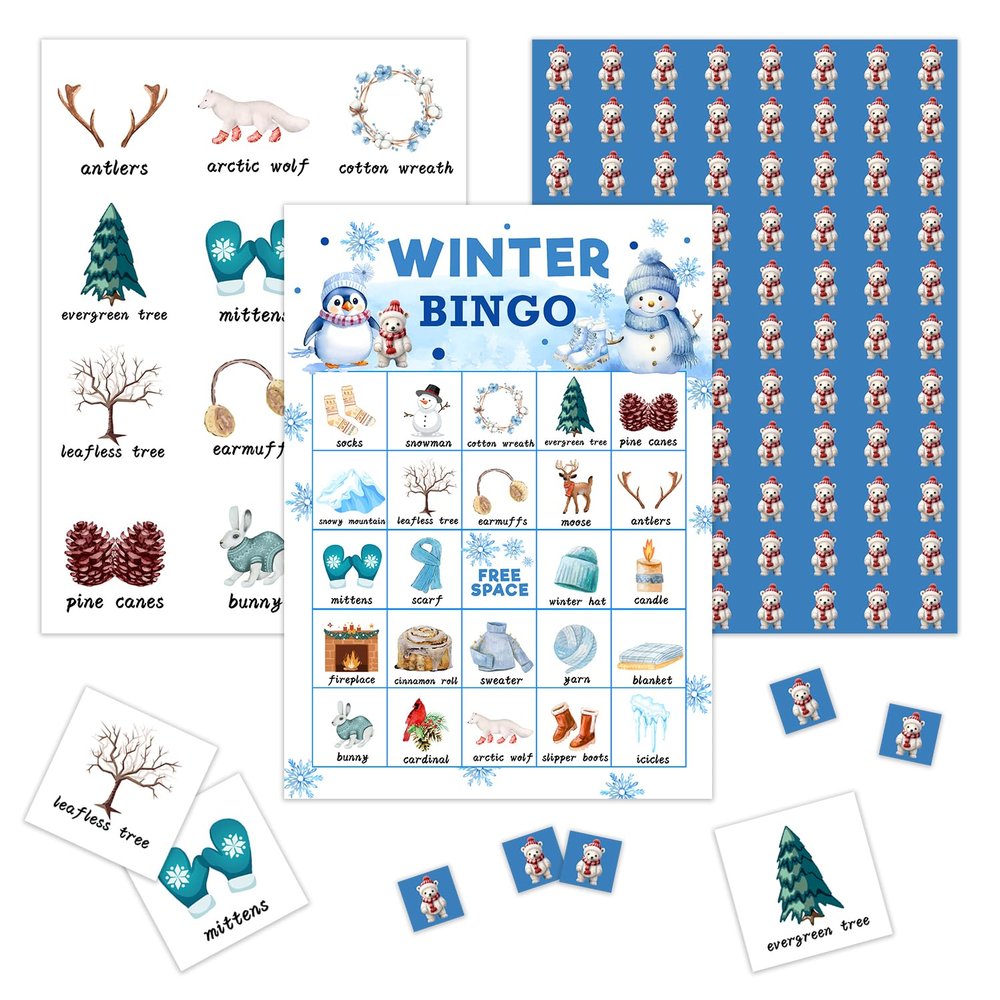 KFNER Christmas Bingo Game - Winter Bingo Card - 24 Players Bingo Game Set Indoor Outdoor Activities - Christmas, New Year Party Favors Supplies -A11