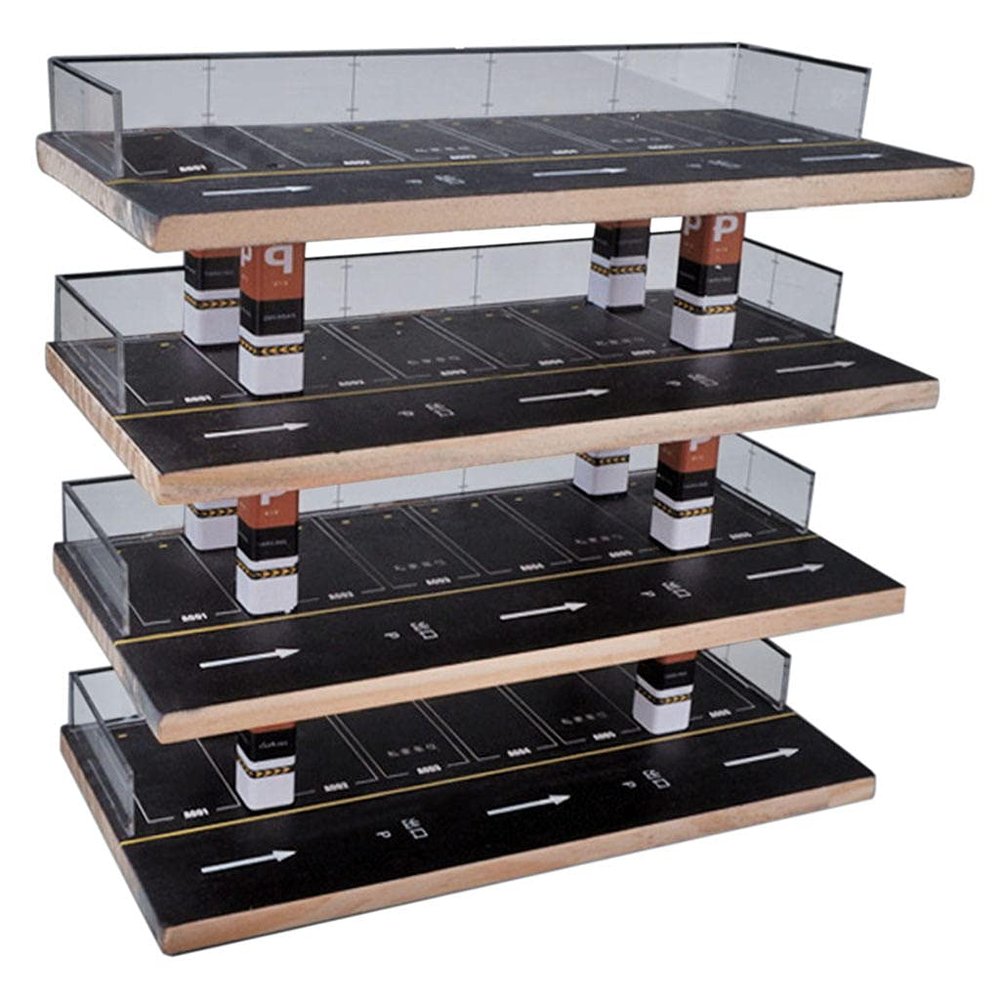 1/64 Wooden Parking Lot Model Miniature Car Garage Display with Acrylic Case, Wall Mountable Collector Accessory 12.99x6.29x12.59inch