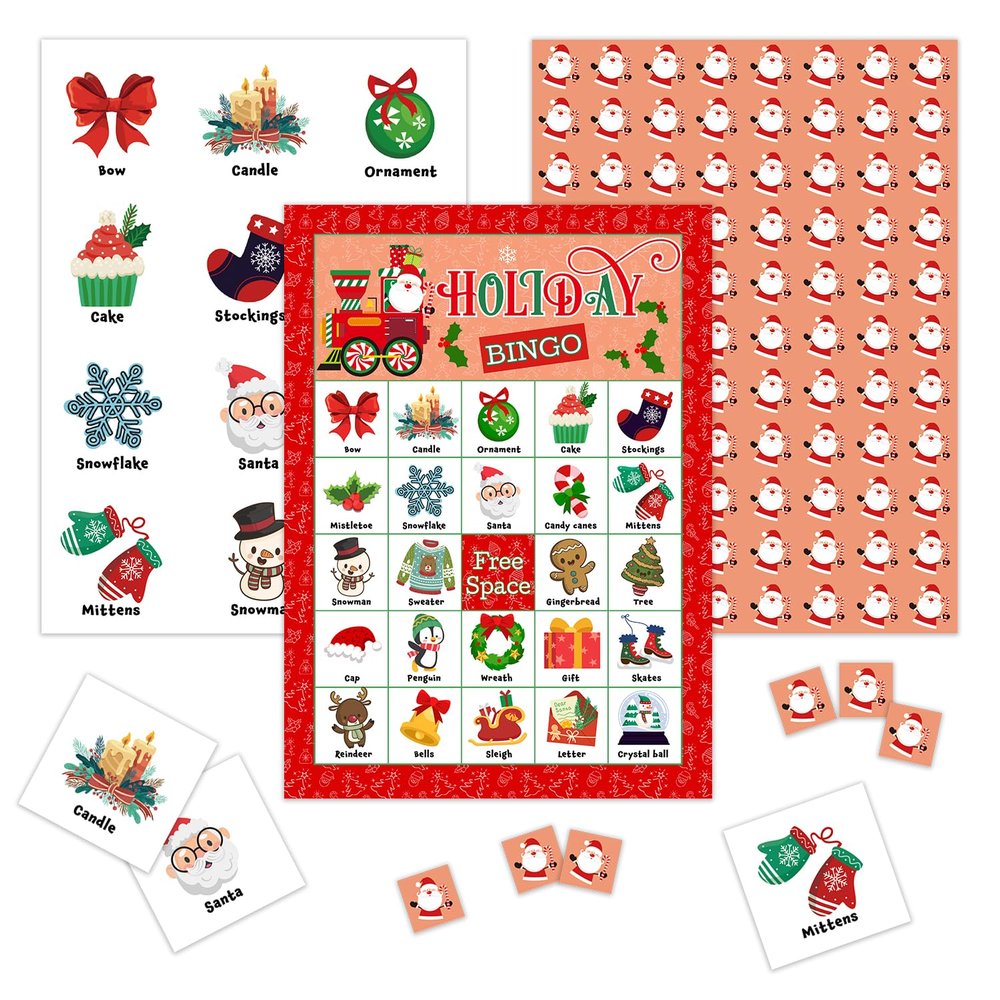 KFNER Christmas Holiday Bingo Game - Winter Bingo Card - 24 Players Bingo Game Set Indoor Outdoor Activities - Christmas, New Year Party Favors Supplies -A12