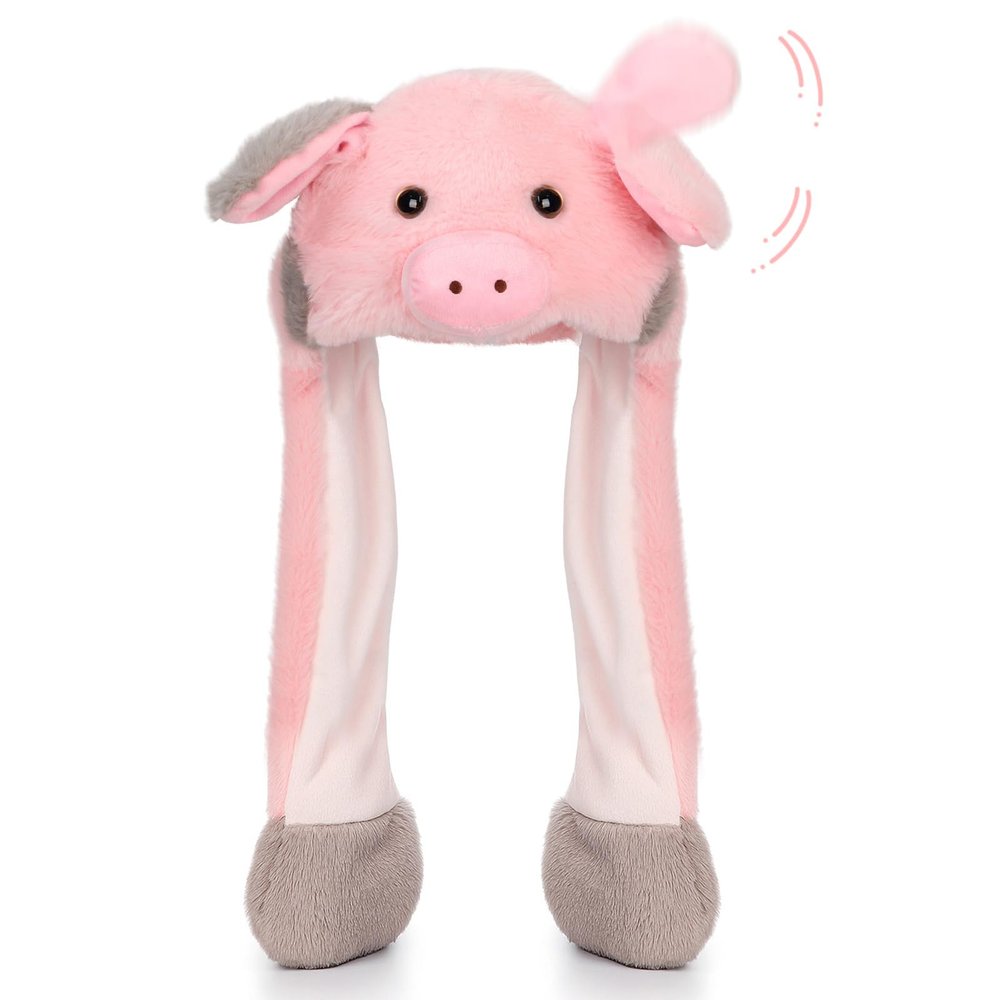 Deletoys Animal Hat, Ears Moving Jumping Pop Up Beating Funny Hat Plush Cap Crazy Hats Cosplay Party Dress Up Gift for Kids & Adults (Pig)
