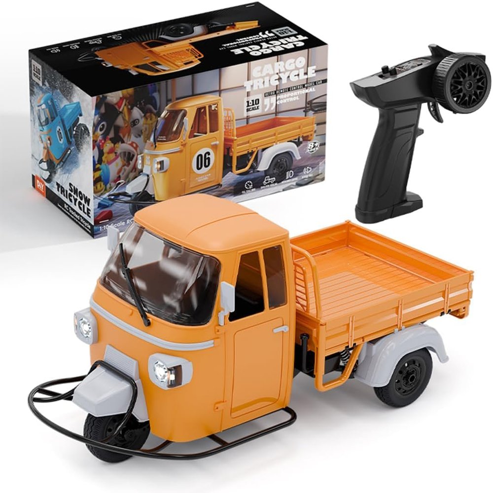 1/10 Scale 2.4G Full Proportional RC Three-Wheeler, Remote Control Car with Reverse Sound, LED Lights, Adjustable Gears, 50m Range Hobby Model for Adults - RTR (Orange)