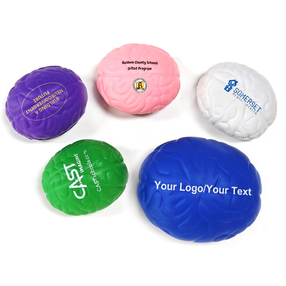 100 Pcs Custom Brain Stress Balls Bulk, Personalized PU Squeeze Toys with Logo Text Image, 2.76in Brain Shape Stress Balls in 6 Colors, Stress Relief Toys for Adults, Office School Party Favors (100)