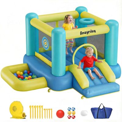 Anayrova Inflatable Bounce House for Kids Ages 3-6, Indoor Outdoor Toddler Bouncy Castle with Ball Pit, Basketball Hoop, Target Game, Blower & Carry Bag (114x 108 x 61 in)