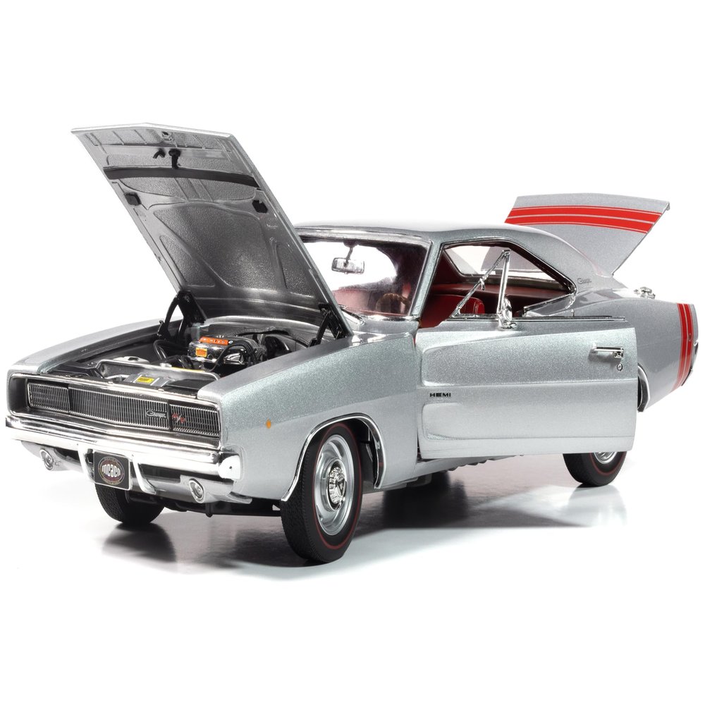 1968 R/T Muscle Car & Nationals Silver Metallic with Red Interior American Muscle Series 1/18 Diecast Model Car by Auto World AMM1344