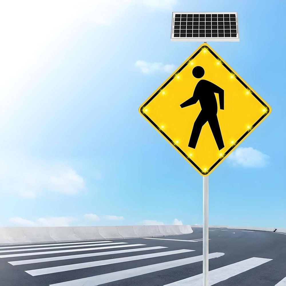 24x24inch Solar Powered Pedestrian Crossing Sign, Flashing LED Highlight Road Traffic Blinking Street Warning Sign with Accessories, for Road Community Park School Urban