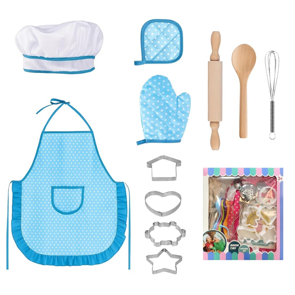 MEIDAYAI 11 PCS Kids Chef Costume Set, Cooking & Baking Toys for Toddlers 3-8 with Adjustable Apron, Pretend Play Gift for Boys & Girls Birthday XmasBlue