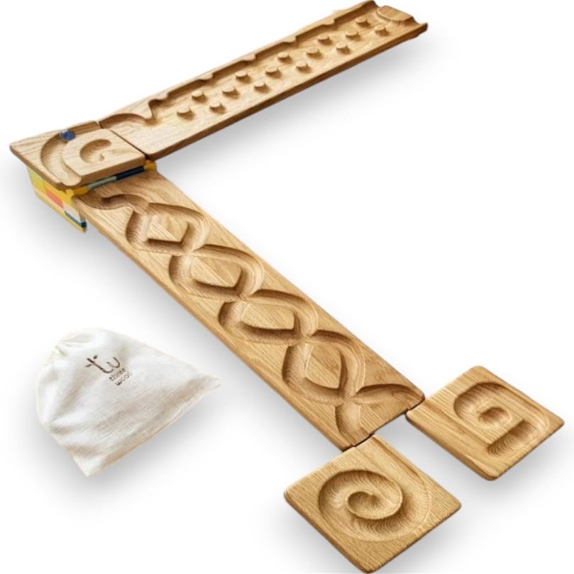 Wooden Marble Run Track Set of 2 Whirlpol+Rocks Race Machine Set Wooden Maze Board Ball Run Montessori STEM Toy Gift for Kids Wave Course Winding Roller Track Game