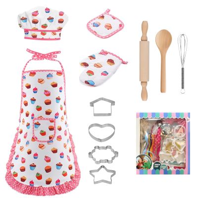 MEIDAYAI 11 PCS Kids Baking Set for Girls, Chef Costume with Adjustable Apron & Hat, Pretend Play Kitchen Toys for Toddlers 3-8, Birthday Xmas Gifts for Little Chefs