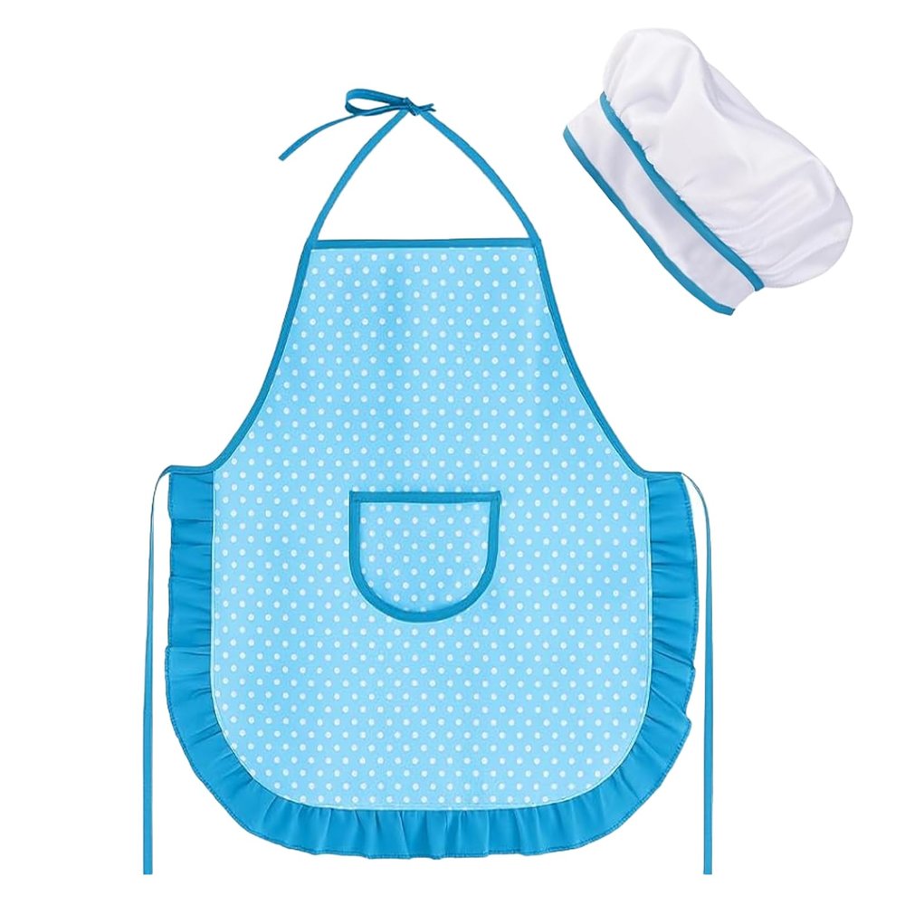 MEIDAYAI Kid Apron and Chef Hat Set, 2 Pcs Adjustable Unisex Cooking Costume for Boys & Girls, Pretend Play Kitchen Toys for Toddlers 3-8, Fun Educational Gift (Blue)