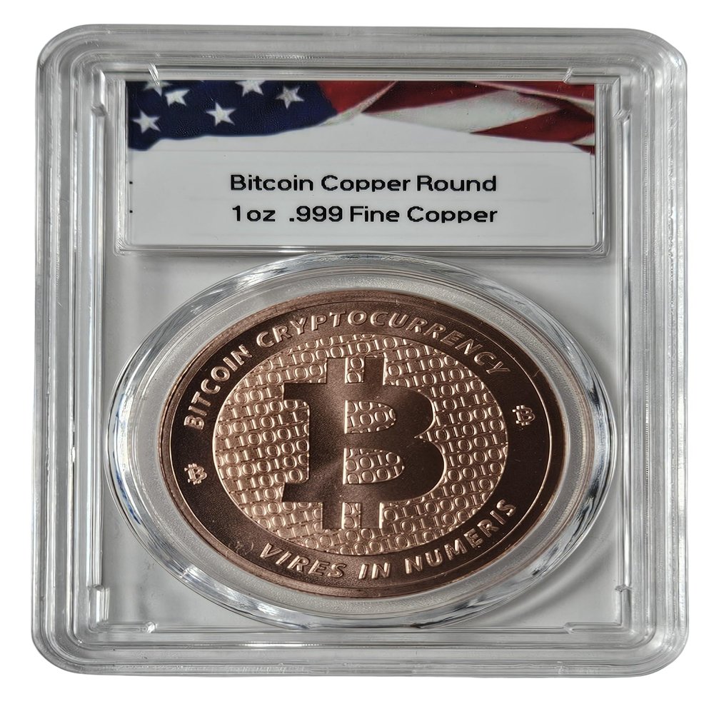 1 oz Pure .999 Copper Bitcoin Round Challenge Coin Cryptocurrency in Acrylic Slab