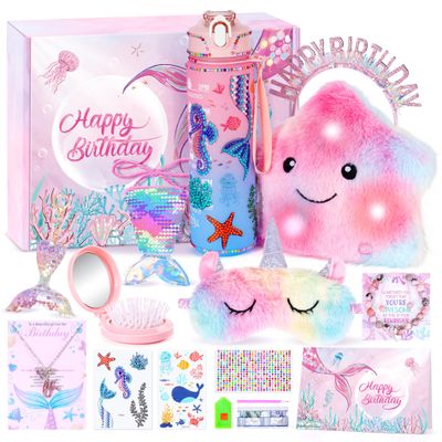 13PCS Mermaid Toys Gifts for Girls 4-6 7 8 9 10 Years Old, Girls Birthday Gifts Set with Light Up Star Pillow DIY Water Bottle Kits, for Daughter Niece Christmas Birthday Baskets for Kids