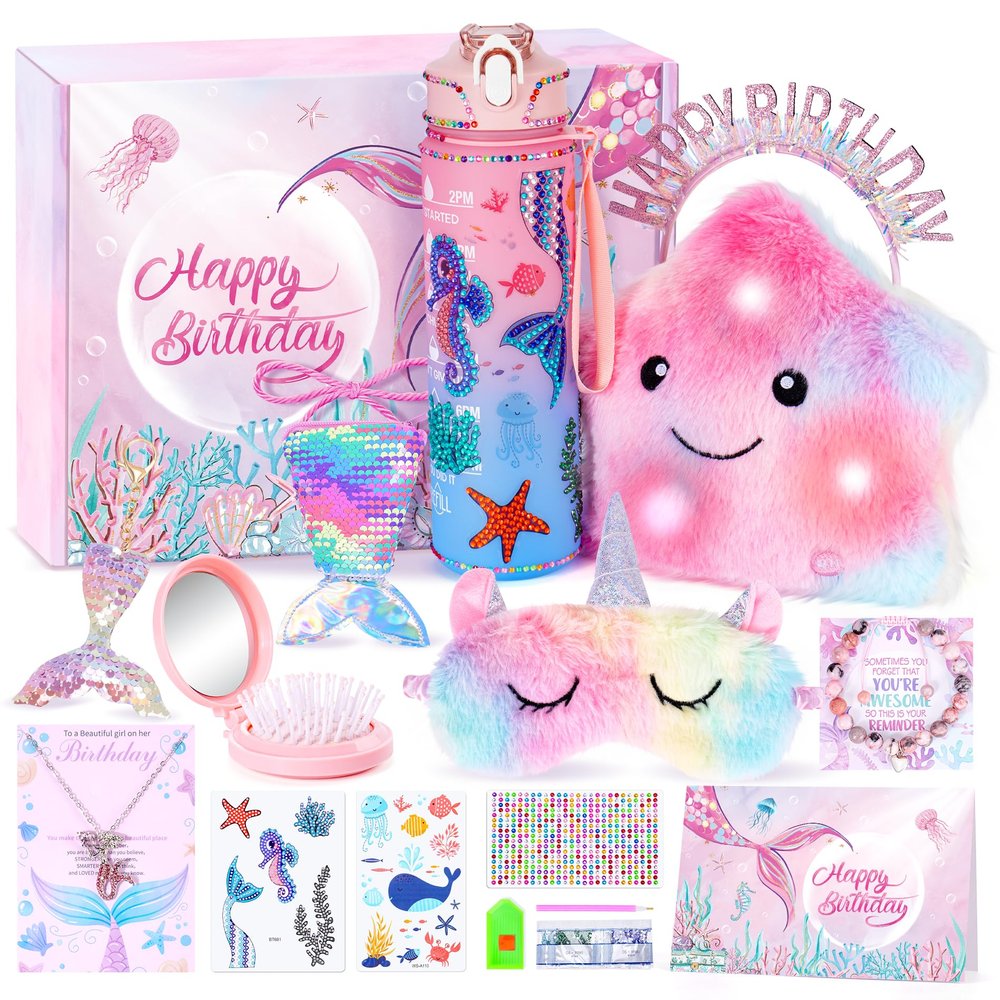 13PCS Mermaid Toys Gifts for Girls 4-6 7 8 9 10 Years Old, Girls Birthday Gifts Set with Light Up Star Pillow DIY Water Bottle Kits, for Daughter Niece Christmas Birthday Baskets for Kids