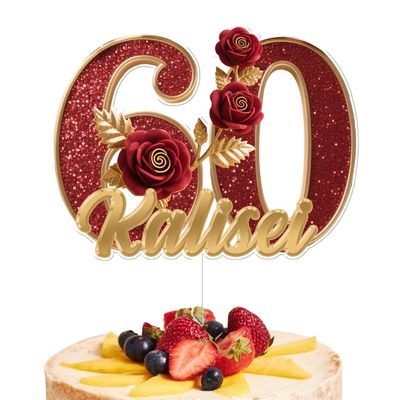 Personalized Party Decoration Custom Man Woman Name And Age Rose Decoration Topper With Name Custom Metal Style Acrylic Party Cake Topper Customized 60th Birth Date Cake Rose Decor