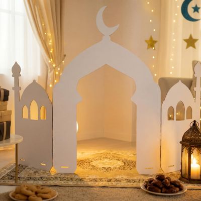 Gueevin Ramadan Eid Mosque Decorations 51x 30 Inch Cardboard Standing Playhouse Masjid Ramadan Home Decoration Islamic Art for Muslim Interactive Learning Praying Quran Book Pray and Islam Teach Gift
