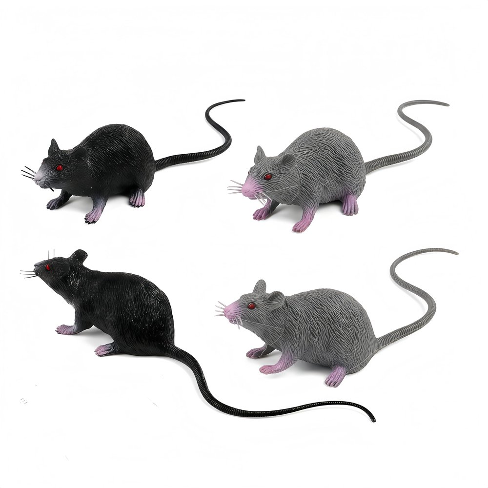 4 PCS Small Fake Rat Toy, Plastic Mouse Toys Realistic Rat Prank Props for April Fool's Day Party Supplies, 8.65X1.77X1.38in (Black, Gray)