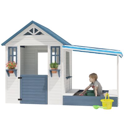 Kids Playhouse with Sandbox, Wooden Outdoor Cottage Play House with Sand Pit for Backyard Garden Ages 3 to 10 Years Old (Grey)