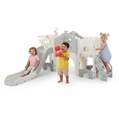 8 in 1 Toddler Slide and Climber Playset Freestanding Backyard Playground for Children Age 1-4, Indoor Outdoor Kids Slide with Basketball Hoop,Telescope, Ring-toss and Storage Space (Grey)