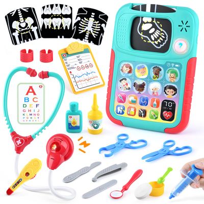 PLAY Doctor Kit for Kids with Learning Tablet, Doctors Play Set with Kids Tablet, Real Stethoscope, Various Medical Toys, Pretend Play Toys for Toddlers 3-5, Halloween Christmas Birthday Gifts