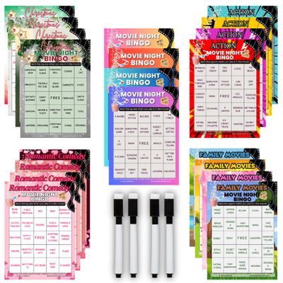 XOXO Parents Movie Night Bingo Cards 20-Pack  Bulk Family Game Set for Adults & Kids | 20 Reusable Bingo Cards with Dry Erase Markers | Perfect for Large Groups, Parties, Classrooms & Events