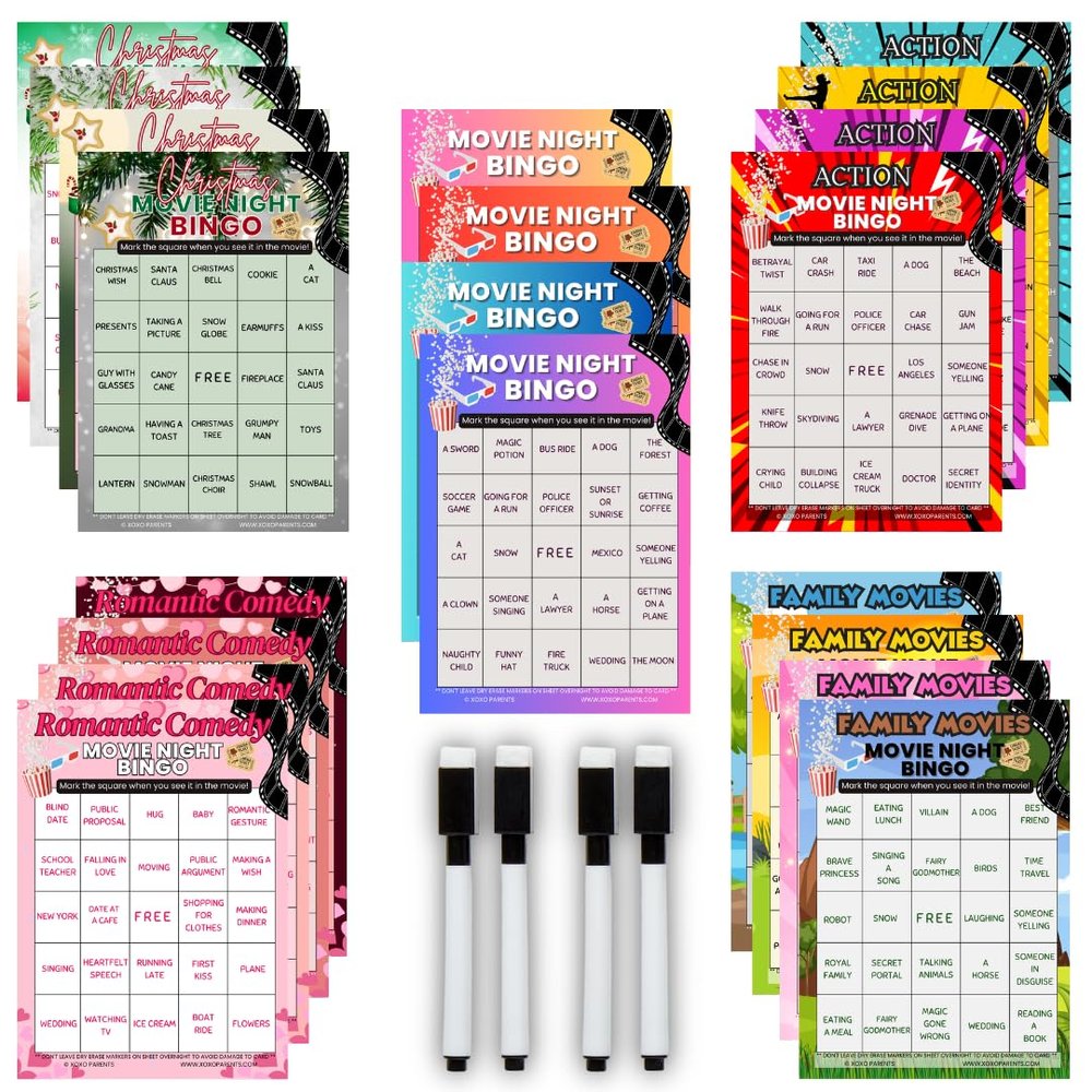 XOXO Parents Movie Night Bingo Cards 20-Pack  Bulk Family Game Set for Adults & Kids | 20 Reusable Bingo Cards with Dry Erase Markers | Perfect for Large Groups, Parties, Classrooms & Events