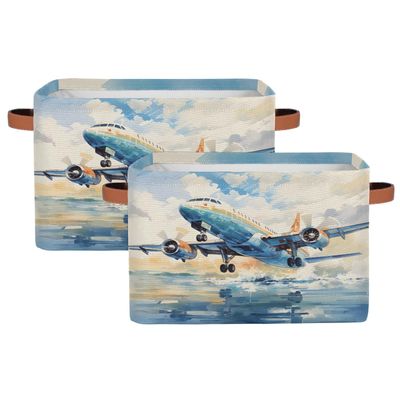 Aglebo Watercolor Airplanes Storage Basket Foldable Storage Bins Fabric Organizer Basket with Handles Rectangle Closet Basket for Shelves Laundry Nursery Bedroom Basket, 15 x 11 x 9.5 in 2 Pack
