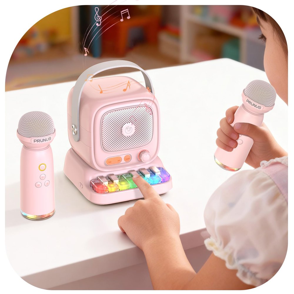 Mini Karaoke Machine with Colorful 7 Piano Keys,Top Christmas Birthday Gifts for 3 4 5 6 7 8 9 10 11 12+ Years Old, Portable Bluetooth Speaker with Wireless Microphone,Boys and Girls Gift-Pink