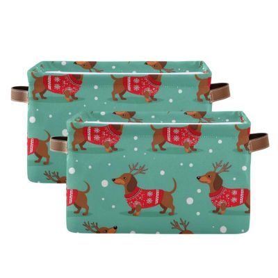 Pfrewn Christmas Winter Storage Basket Dutch Hound Dog in Christmas Pullover Collapsible Rectangular Storage Boxes Organizer Shelf Basket Toy Book Storage Bin for Nursery 2 Pack