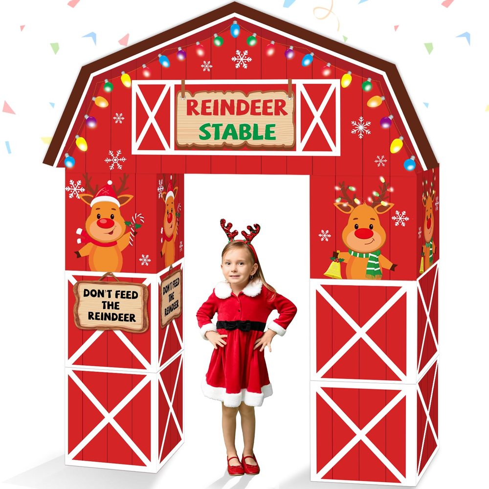 10Pcs Christmas Reindeer Stable Decorations Xmas Elk Cardboard Castle Playhouse with Arch Large Christmas Deer Castle Boxes Party Decor for Xmas Winter Birthday Holiday Party Decors