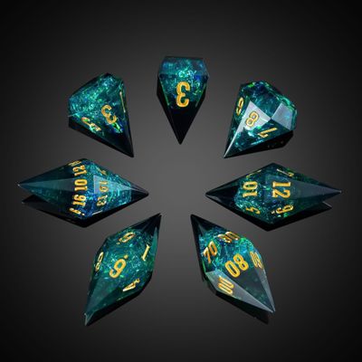CRITALLIC 7PCS Diamond DND Dice Set,Transparent Sharp Edge Die Set D&D RPG Polyhedral Dice,for TTRPG Games Roleplaying Games.(Green)