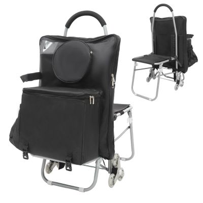 Foldable Stair Climbing Cart with Seat, Folding Chair with Detachable Storage Bag for Art Student to Sketch Outdoors, Multi Use Rolling Cart with Built-in Seat, Removable Bag (Black)