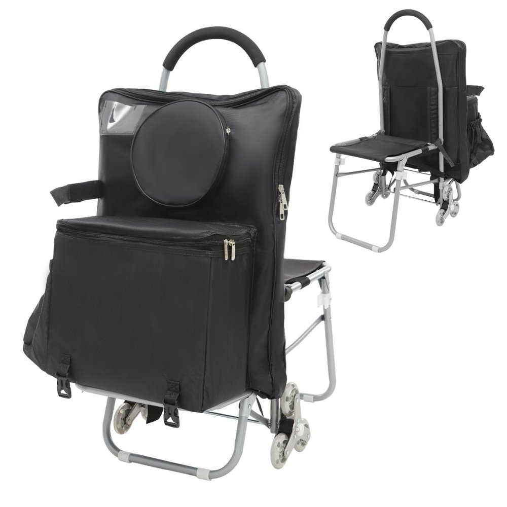 Foldable Stair Climbing Cart with Seat, Folding Chair with Detachable Storage Bag for Art Student to Sketch Outdoors, Multi Use Rolling Cart with Built-in Seat, Removable Bag (Black)