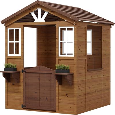 Cedar Wooden Kids Playhouse with Play Kitchen - Outdoor Kids Playhouse Cottage for Backyard, Solid Fir Wood, Country Style Design, Easy Assembly, Ready for Imaginative Fun