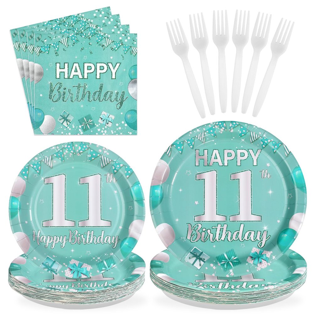 96Pcs 11th Birthday Party Decorations Teal and Silver Plates and Napkins Tableware Sets Teal Ballons Theme Party Decorations for Girls Eleven Years Old Birthday Supplies Serves 24