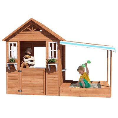 Kids Playhouse with Sandbox, Wooden Outdoor Cottage Play House with Sand Pit for Backyard Garden Ages 3 to 10 Years Old (Brown)