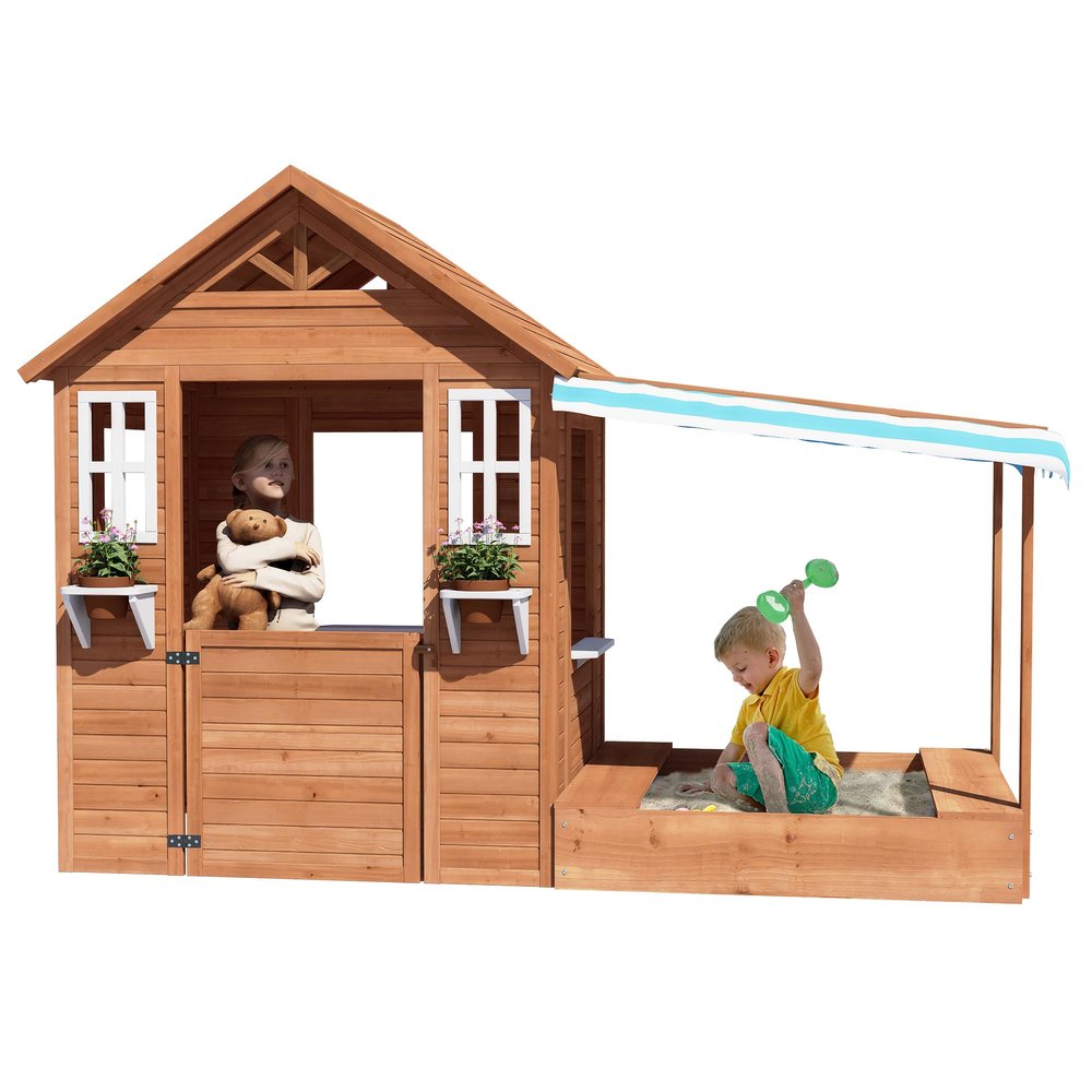 Kids Playhouse with Sandbox, Wooden Outdoor Cottage Play House with Sand Pit for Backyard Garden Ages 3 to 10 Years Old (Brown)