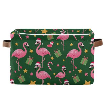 Pfrewn Christmas Winter Storage Basket Christmas Flamingo Stars Green Collapsible Rectangular Storage Boxes Organizer Shelf Basket Toy Book Storage Bin for Nursery 1 Pack