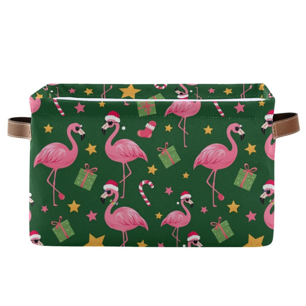 Pfrewn Christmas Winter Storage Basket Christmas Flamingo Stars Green Collapsible Rectangular Storage Boxes Organizer Shelf Basket Toy Book Storage Bin for Nursery 1 Pack