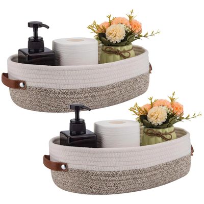 2 Pcs Oval Storage Baskets, Cotton Rope, Woven Rope Basket With Handles Of Leather, Organizer For Bathroom, Container For Nursery