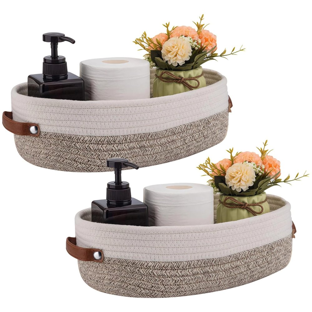 2 Pcs Oval Storage Baskets, Cotton Rope, Woven Rope Basket With Handles Of Leather, Organizer For Bathroom, Container For Nursery
