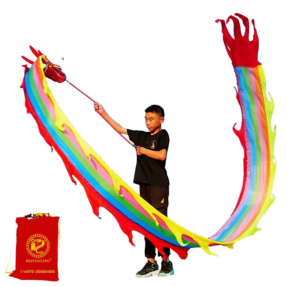Lightweight Dragon Poi with 3D Dragon Head & Swing Rope Combo for Kids and Beginners, Flowy Dragon Ribbon Streamer Outdoor Fitness Golden Dragon Stage Prop Set (Rainbow Dragon, 6.5 FT(2M))