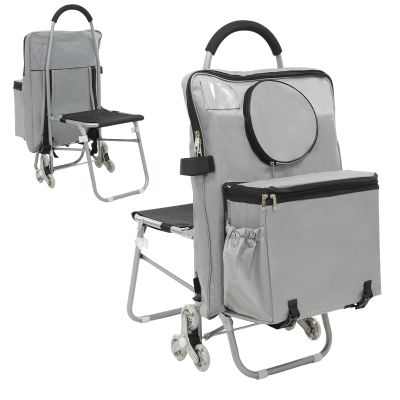 Foldable Rolling Art Cart with Seat for Outdoor Painting, Stair Climbing Carts Chair Shopping Carts with Built-in Seat, Removable Bag (Gray)